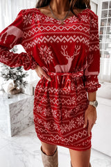 Christmas Print Long Sleeve Tie Waist Casual Mini Dress