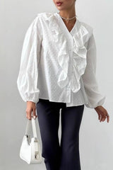 Polka Dot V Neck Ruffle Blouse