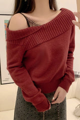 Red Knitted Lace Paneled Slim-Fit Off-Shoulder Sweater