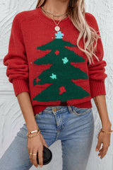 Christmas Cozy Color Block Xmas Tree Print Sweater