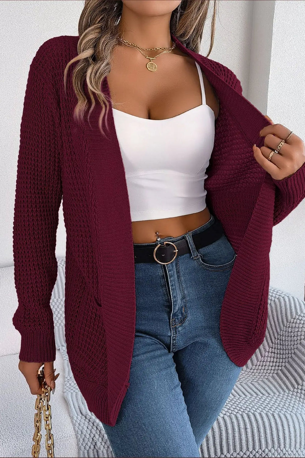 Loose Knit Pocket Cardigan Red / S