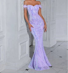 Solid Faux Feather Off-Shoulder Party Dress Partydress-241208