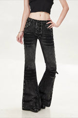 Rivet Strap Washed Utility Flare Jeans