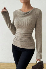 Ruched Cowl Neck Slim Knit Long Sleeve Tee