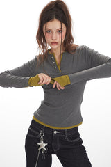 Contrast Collar Layered Fitted Long Sleeve T-Shirt