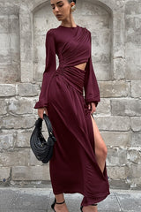 Ruched Hollow Long Sleeve Maxi Dress