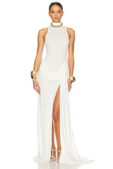 Turtleneck Off-Shoulder Sleeveless Pleated Maxi Dress