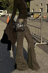 Washed Buckled Pocket Cargo Flare Jeans