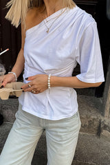 Sloid Pleated One Shoulder T-Shirt