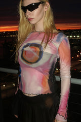Abstract Circle Sheer Long Sleeve Crop T-Shirt