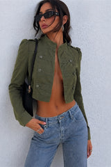 Military Button Cropped Green Denim Jacket