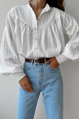 Textured Stand Collar Button Blouse