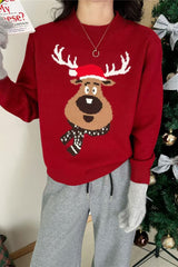 Christmas Crew Neck Color Block Christmas Deer Sweater