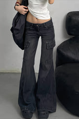 Low Rise Pocketed Black Cargo Flare Jeans
