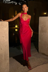 Satin Ribbon Ruched Spaghetti Strap Sexy Maxi Dress