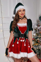 Christmas Pom-pom Color Block V-Neck Waist Cinched Party Dress