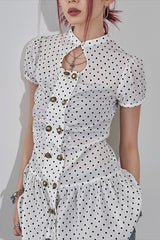Polka Dot Button Puff Sleeve Mini Dress