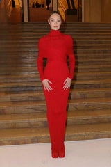 High Neck Cross Knit Jacquard Bodycon Maxi Sweater Dress