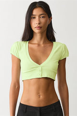 Button Front Ribbed V Neck Fitted Crop Top
