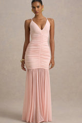 Patchwork V-Neck Ruched Backless Maxi Dress