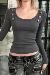 Button Shoulder Scoop Neck Fitted T-Shirt