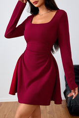 Ruched Solid Square Neck High Waist Elegant Mini Dress