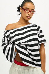 Striped Off Shoulder Oversized Short Sleeve T-Shirt
