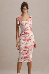 Vintage Print Ruched Midi Dress