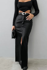 High-Waist Khaki PU Skirt