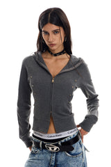 Rivet Trim Fitted Zip Up Hoodie