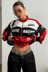 Letter Zip Moto Colorblock Coat