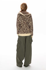 Leopard Knit Zip Up Oversized Hoodie