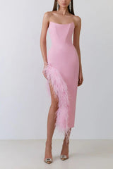 Feather Strapless Midi Dress
