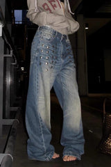 Studded Washed Wide Leg Jean