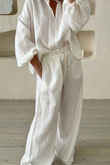 Tie Neck Balloon Sleeve Top Wide Leg Pants Set