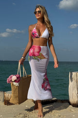 Floral Print Mesh Long Skirt Three Piece Swim Set