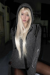 Striped Metallic Letter Fitted Zip Hoodie