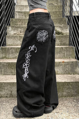 Rose Embroidered Gothic Wide Leg Jeans