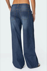 Blue Pinstripe Washed Wide Leg Jeans