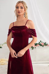Velvet Off Shoulder Sling Split Maxi Evening Velvet Dress