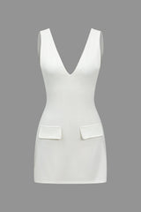 Solid V-neck Fake Pocket Mini Dress