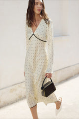 Satin Polka Dot V-Neck A-Line Midi Dress