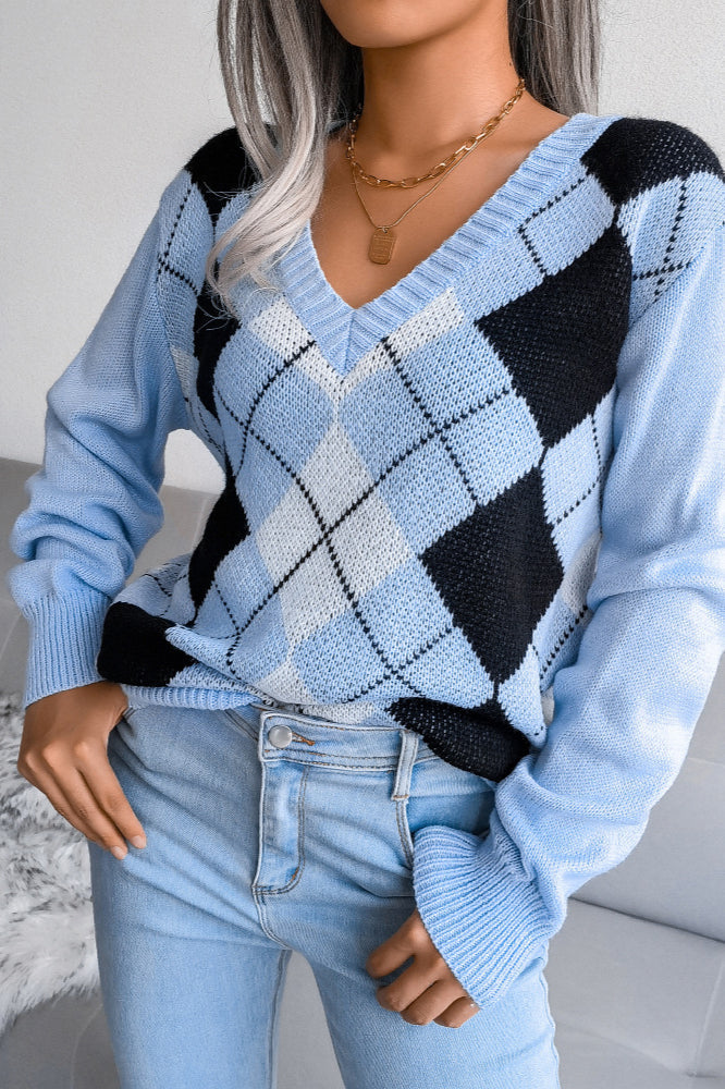 Argyle V Neck Knit Pullover Sweater S / Blue