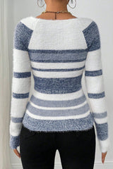 Fitted Square Neck Color Block Sweater