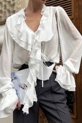 Ruffled V-Neck Tie Long Sleeve Blouse