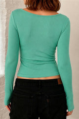 Lace Trim Deep V Neck Long Sleeve T-Shirt