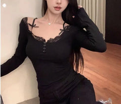Lace Stitching V-neck Skinny Pink Coquette Aesthetic Top Women knittop-250126