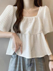 Short Sleeve Pleated Textured Blouse Summer Blouse WHITE / S blouse-250126