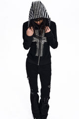 Rhinestone Cross Fitted Zip Up Hoodie
