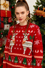 Christmas Cozy Longline Color Block  Crew Neck Sweater
